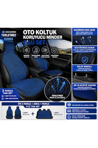 Oto Koltuk Koruyucu Minder 3 Lü Set Terletmez Kumaş Ön 2 Arka 1 Parça Mavi