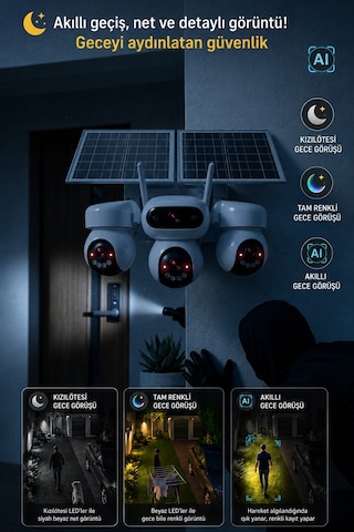 SIM-5874 Çift Solar Panelli 4G SIM Kartlı 3 Lensli PTZ Akıllı Dış Mekan Güvenlik Kamerası HD IP Kamera + 128 GB Hafıza Kartı Dahil