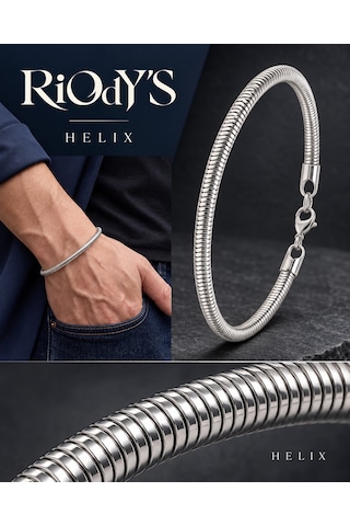Riody's Helix Erkek Bileklik 6 Mm Çelik Spiral Zincir Kancalı Kilit Beyaz - Gümüş