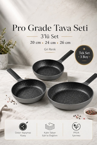Pro Grade 3 'lü Döküm Granit Yapışmaz Tava Seti 20 - 24 - 26 Cm Gri