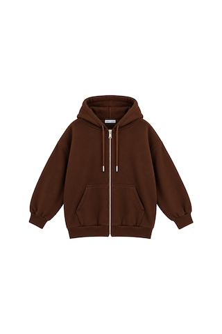 Vadon 1048 Kadın Fermuarlı Kapüşonlu Kanguru Cepli 3 İplik Pamuklu Sweatshirt Kahverengi