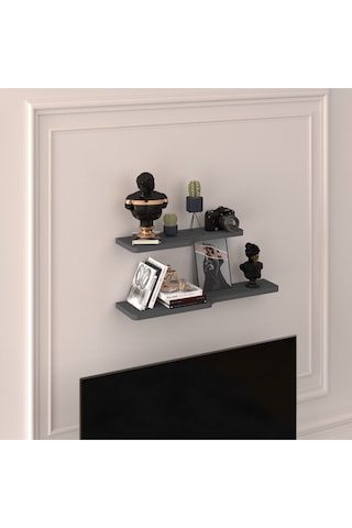 Doğal Modern Organizer Düzenleyici 2'li Kıvrımlı Dekoratif Kitaplık Banyo Mutfak Duvar Rafı Antrasit