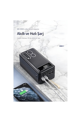 80.000 Mah Powerbank Dahili Kablolu 4 Usb Çıkışlı Led Göstergeli Taşınabilir Hızlı Şarj Powerbank Siyah