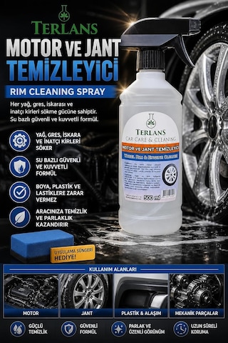 Terlans Motor Ve Jant Temizleyici 500 Ml + Uygulama Süngeri / Güçlü Yağ & Gres Çözücü Sprey / Rim Cleaner & Eng