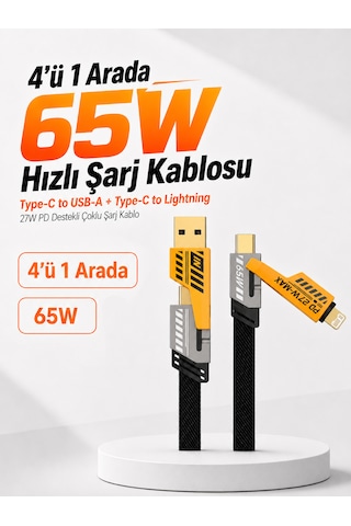 65w Hızlı Şarj Kablosu 4in1 - Araçta Kullanıma Uygun - Type-c To Usb - Type-c To Lightning 27w Pd Destekli - İphone Android Macbook Uyumlu