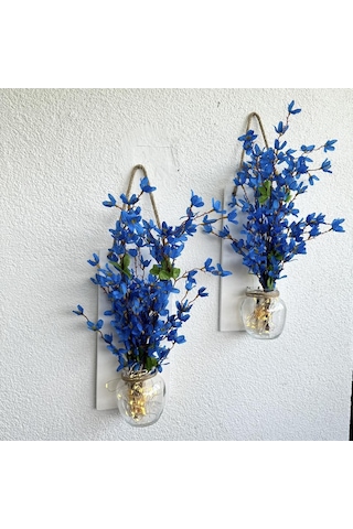 Led Işıklı, Mavi Sakura Çiçekli Duvar Dekoru Beyaz İkili Set