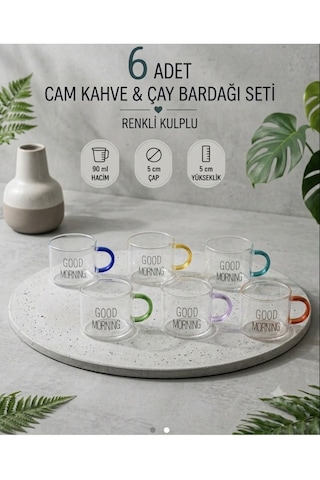Good Morning Yazılı Renkli Kulplu 6'lı Cam Bardak Seti Beyaz