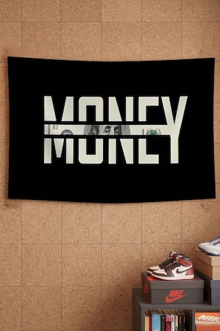 Money Dolar Yazı Temalı Siyah Dekoratif Duvar Örtüsü Duvar Halısı Beyaz