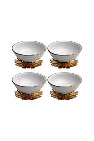 Elta Collection 4'lü Metal Ayaklı Mini Porselen Lokumluk Beyaz Gold