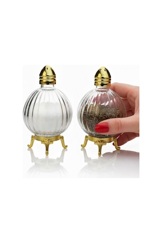 2 Li Origami Model Gold Renk Metal Ayaklı Cam Tuzluk Takımı Sarı