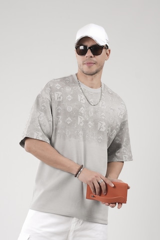 King-Brich Oversize Kalıp Logo Baskılı Bisiklet Yaka Basic Tişört Gri