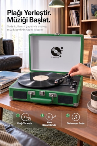 Kensa Bluetooth Lu Nostaljik Çantalı Pikap 33/45/78 Devir Dahili Bataryalı Plak Çalar Yeşil