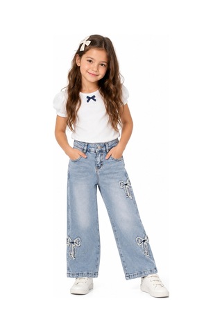 İrem Kız Çocuk Kurdele Detaylı Geniş Paça Model Bel Lastik Ayarlamalı Mavi Renk Kot Pantolon