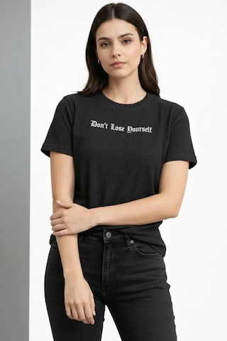 Wafıl Kumaş Tişört Regular Kalıp Bisiklet Yaka Baskılı Günlük Basic T-shirt - Siyah