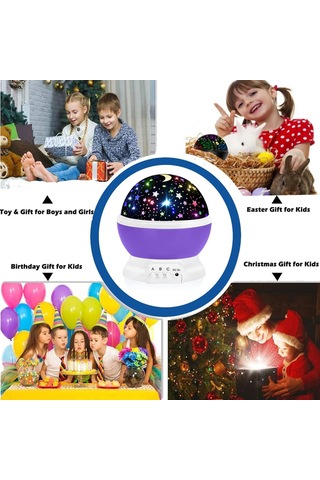 Konesam Kırmızı/pembe/mavi Seçenekli Çocuklar İçin Döner Yıldız Ay Projeksiyon Led Gece Lambası Usb Şarjlı Mor