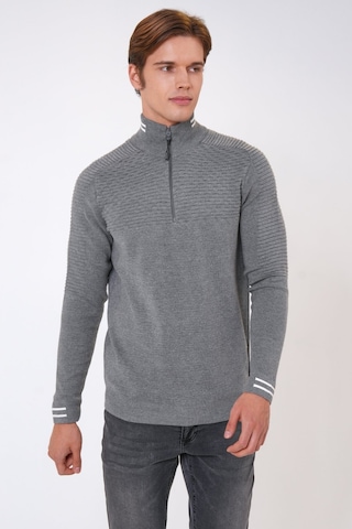 Back And Bond Gri Regular Fit Desenli Dik Yaka Yarım Fermuarlı Triko Kazak-gri Gri