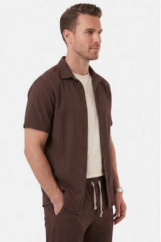 Deep Sea Deepsea Kahve Slim Fit Çizgi Dokulu Keten Görünümlü Kısa Kol Erkek Spor Gömlek 2602648