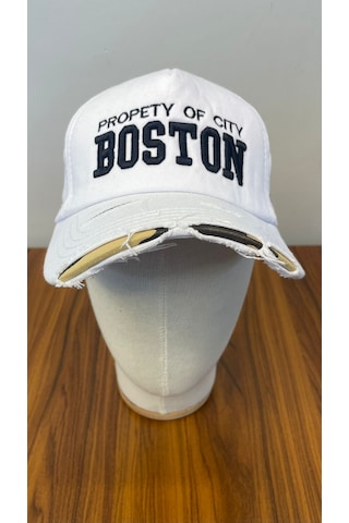 Boston Nakışlı Eskitme Vintage Model Pamuklu Cap Şapka Beyaz