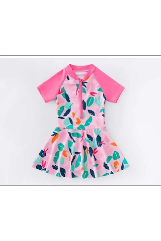 Kız Çocuk Etekli Şortlu Pembe Mor Renkli Önü Fermuarlı Mayo. Pembe