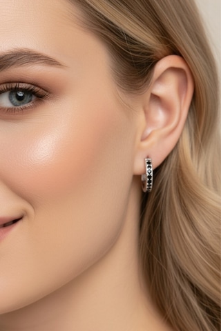 925 Ayar Gümüş Siyah Taşlı 12mm Halka Küpe Gold - Gümüş