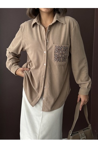Verymoda Fitilli Kadife İşlemeli Gömlek - F1997 VİZON