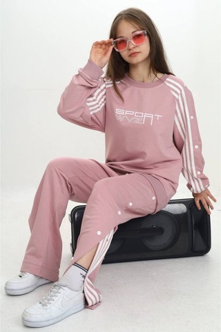 Unisex Çocuk 2 İplik Çıtçıtlı Alt&üst Eşofman Takımı %100 Pamuk Rahat Kalıp-299-eşt-0006 Pudra