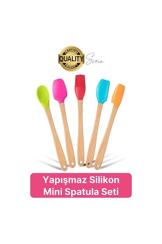 Mini Spatula Kaşık Fırça Setleri Yapışmaz Silikon Tencere Ahşap Saplı Renkli Pişirme Mutfak Araçları