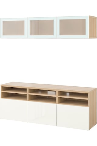 Tv Ünitesi, Ağartılmış Meşe Görünümlü-parlak Cila-beyaz, 180x42x192 Cm, Selsvıken/glassvık, Çıt Çıt Raylı Beyaz