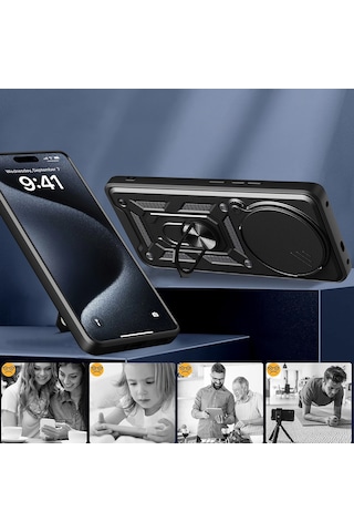 Honor Magic 7 Lite Kılıf Magnetik Standlı Kamera Korumalı Zore Sürgülü Vega Kapak Mavi