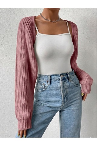 Moibody Triko Örgü Reglan Kol Bolero Hırka Kore Tarzı 4 Mevsim Pembe Pembe