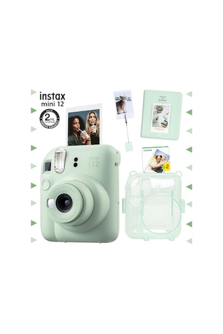 Fujifilm Instax Mini 12 Fotoğraf Makinesi + 20'li Film + Kıskaçlı Stand + Pvc Albüm + Simli Pleksi Kılıf Seti Yeşil