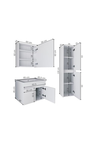 Banos Tm3 Lavabolu Beyaz 65 Cm Aynalı Banyo Dolabı Takımı Beyaz