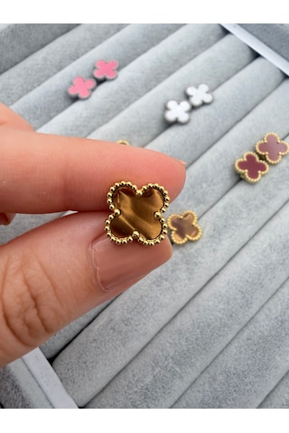 Çelik Yonca Küpe Renkli Mineli Gold Kadın Küpe 1 Cm Minimal Günlük Küpe Kahverengi