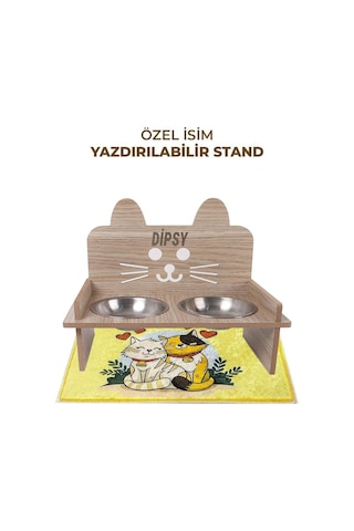 Gobypet Ahşap Özel İsim Baskılı Kulaklı Kedi Mama Su Kabı Standı
