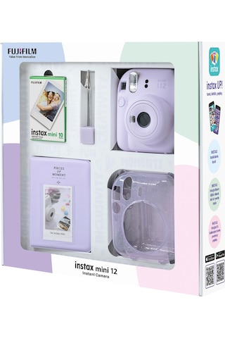Fujifilm Instax Mini 12 Fotoğraf Makinesi + 10'lu Film + Simli Pleksi Kılıf + Pvc Albüm + Kıskaçlı Standı Lila