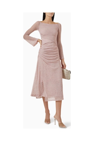 Eegen Studio Boat - Neck Midi Elbise - Rib - Knit, Uzun Kol & Toplanmış Bel Pembe