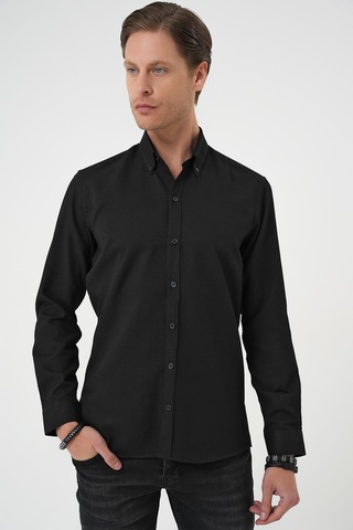 Efor Slim Fit Dokulu Düğmeli Yaka Pamuklu Klasik Siyah Gömlek Gk 739 Siyah