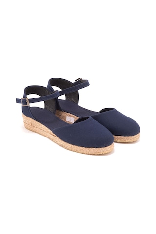 Star Tombis Gerçek Elişi Topuğu Açık Bilekten Bantlı 3cm Dolgu Topuk Keten Hasır Espadril Handmade Lacivert