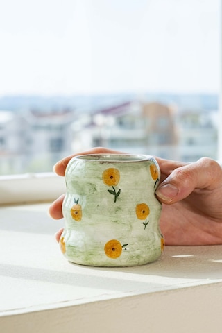 Rivaistanbul Yeşil Çiçek Amore El Yapımı Seramik Double Kahve Bardağı Mug Kupa Krem
