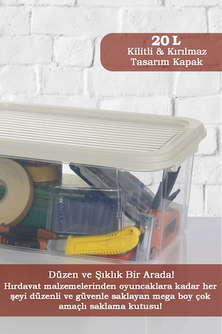 3'lü 20l Multibox Saklama Kabı Kilitli Kapaklı Çok Amaçlı Düzenleyici Kiler Depolama Saklama Kutusu Bej