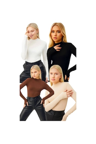 Hashtag Kadın Balıkçı Yaka Parmak Detaylı Body 4'lü Set Viskon Kumaş Bej