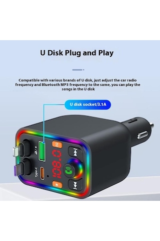 Y6 Geri Çekilebilir Kablo Eq Ayarı Bluetooth Fm Verici Araç Şarj Cihazı Mp3 Çalar