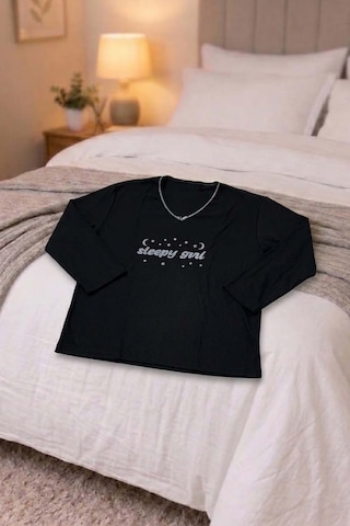 Büyük Beden Kadın Baskılı Kaşkorse Pijama Takımı Siyah