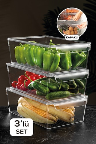 3'lü Kapaklı Buzdolabı Düzenleyici Buzdolabı Içi Düzenleyici Organizer 10 X 32,5 X 20 Cm Şeffaf