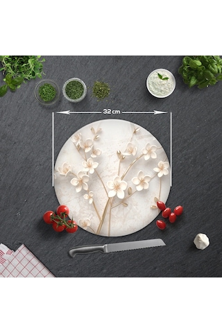 Cam Kesme Tablası - Cam Kesme Tahtası Beyaz Çiçek Çap32cm