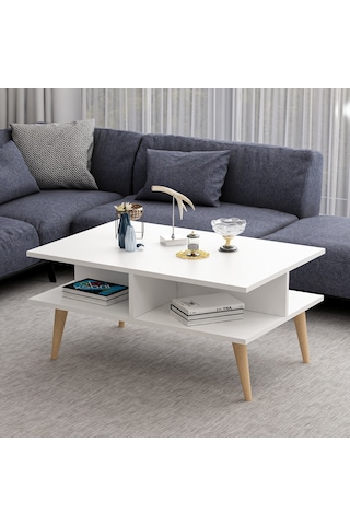 Dekorosso Poloo Ahşap Ayaklı Modern Dekoratif Orta Sehpa Beyaz