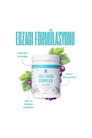 Vitisfera Collagen Complex- %100 Saf, Doğal Tip I-ııı Çift Hidrolize Kolajen Peptitleri + Trans Resveratrol İçeren Gıda Takviyesi Nötr Tat, Şekersiz