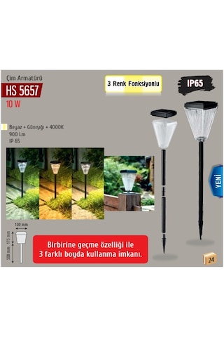 Helıos 10w 3renk Beyaz+4000k+günışığı Kazıklı Solar Bahçe Armatur Hs-5657