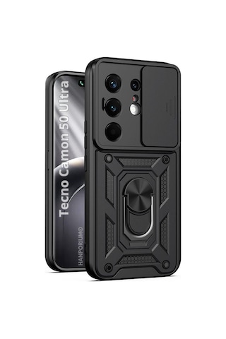 Tecno Camon 50 Ultra Uyumlu Tank Kılıf Yüzüklü Extra Darbe Koruma Zırhlı Outdoor Kapak Siyah