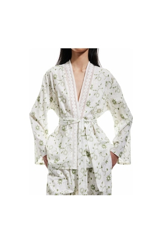 Koton Pamuklu Floral İşlemeli Fisto Kruvaze Oversize Kimono Ceket Yeşil Desenli 5sak50029pw Yeşil Desenli